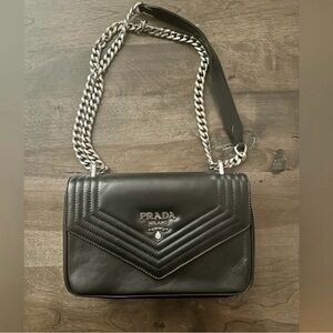 PRADA Grace Lux Leather Shoulder Bag in Black with Silver Chain